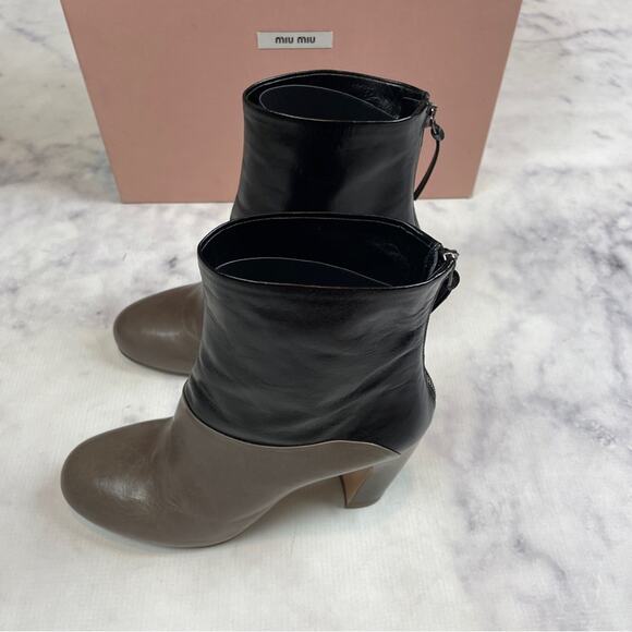 Miu Miu Two-Tone Polished Calf Leather Heeled Ankle Boots Taupe Black NWB Sz 36 - Picture 5 of 10